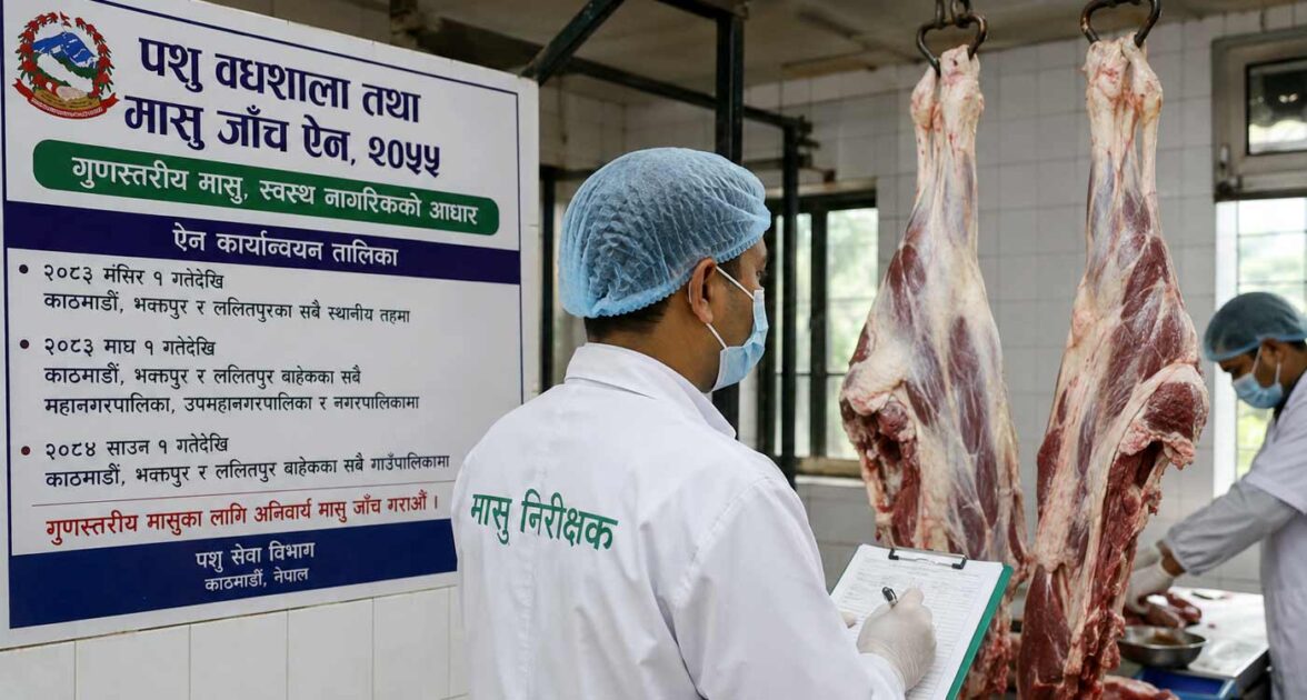 काठमाडौं उपत्यकामा मंसिरदेखि मासु जाँच अनिवार्य, देशभर चरणबद्ध रूपमा कार्यान्वयन हुँदै काठमाडौं उपत्यकामा मंसिरदेखि मासु जाँच अनिवार्य, देशभर चरणबद्ध रूपमा कार्यान्वयन हुँदै